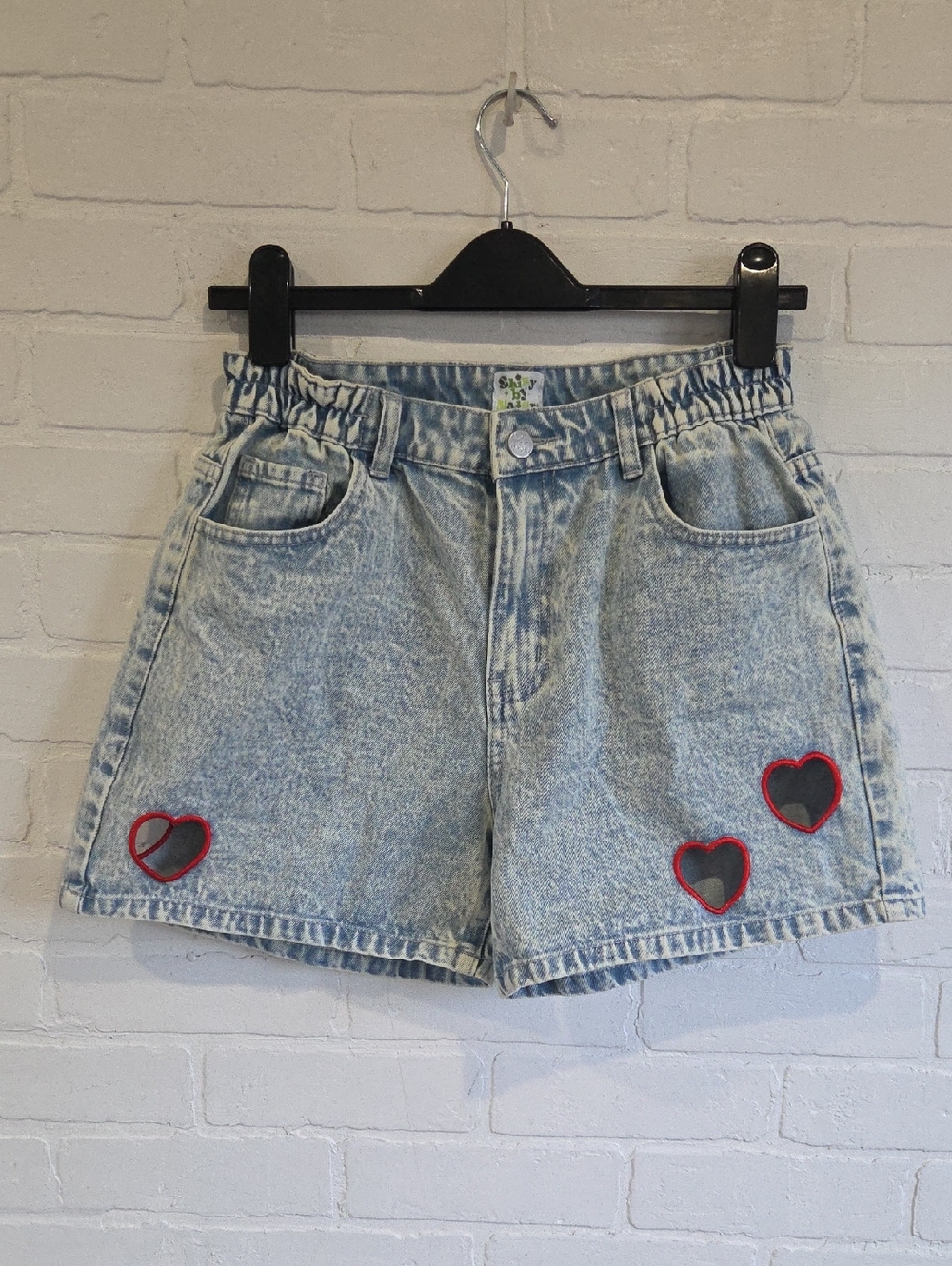 Shiny By Nature Acid Wash Denim Shortd With Heart Cutouts